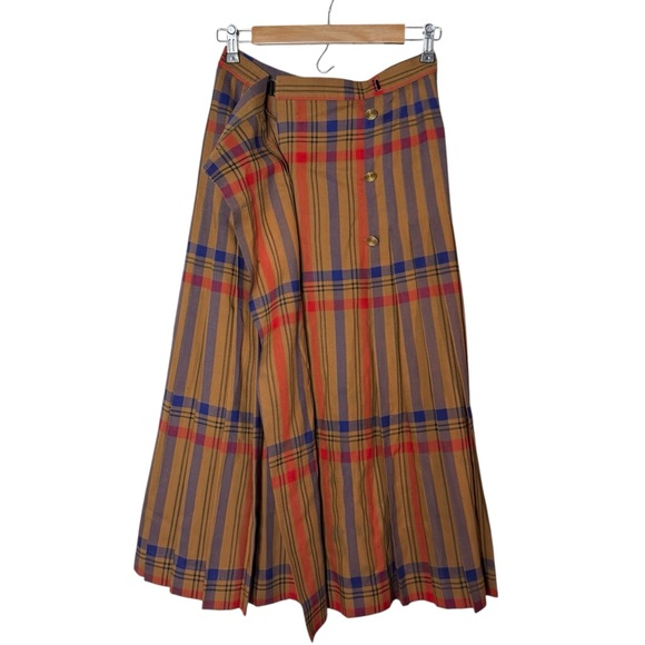 Saint Laurent VTG 100% Wool Plaid Pleated Wrap Midi Skirt Size 42 Brown Blue Red - Picture 6 of 10